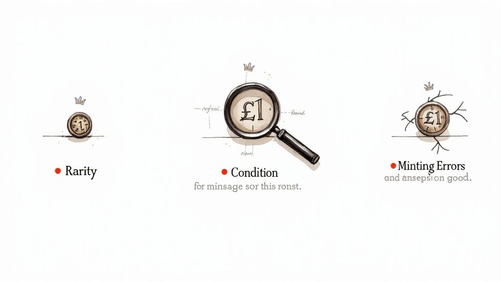 Illustrations showing factors determining pound coin value: rarity, condition, and minting errors.