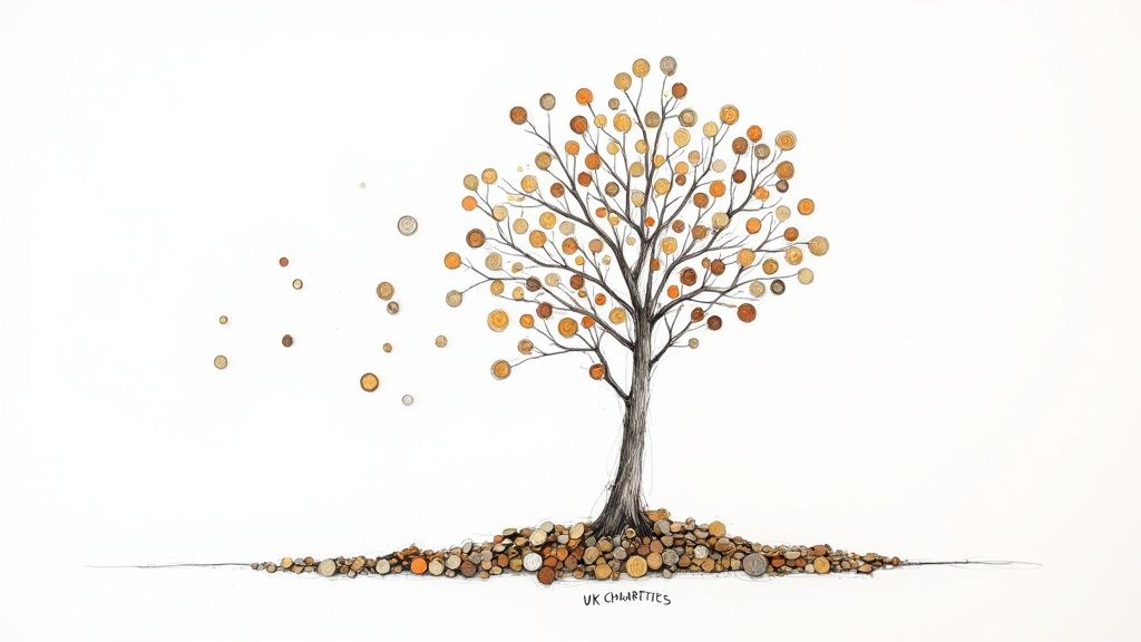 Close-up of hands dropping various foreign coins into a clear charity collection box.