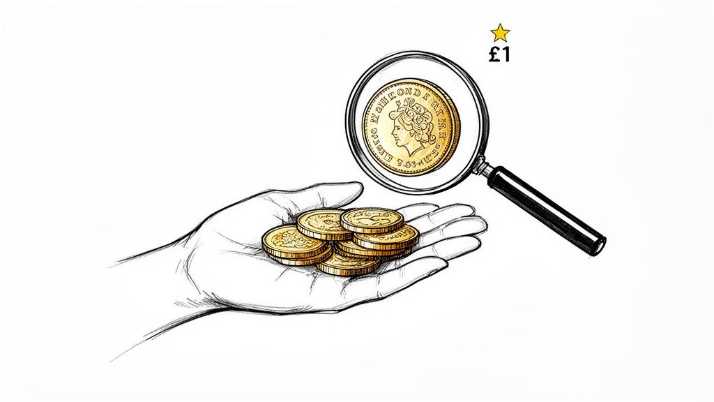 An illustrative sketch showing a hand holding gold coins, with a magnifying glass examining a £1 coin.