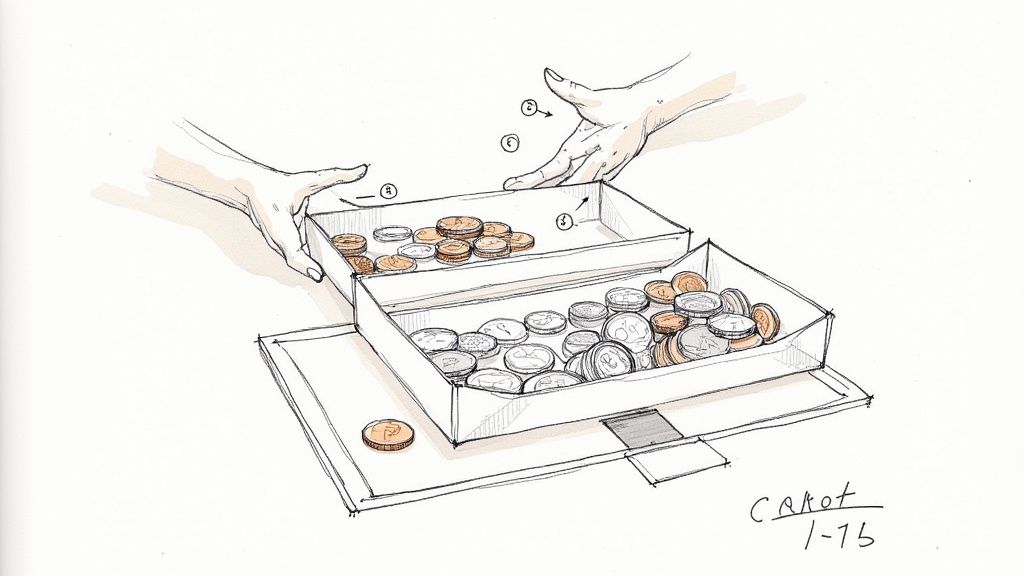 A person's hand holding a variety of international coins against a blurred background of a world map