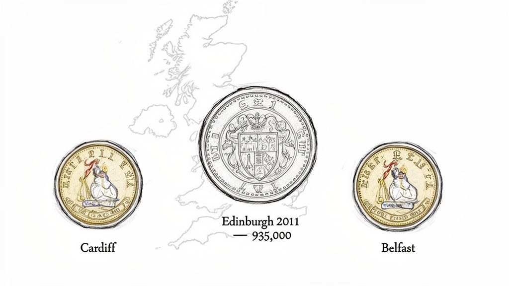 Illustrative map of the UK showing three commemorative pound coins for Edinburgh, Cardiff, and Belfast.