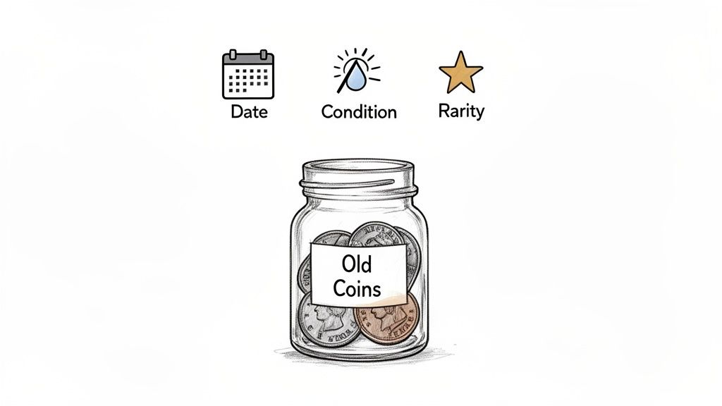 A clear jar labeled 'Old Coins' with various coins inside, accompanied by icons for 'Date', 'Condition', and 'Rarity'.