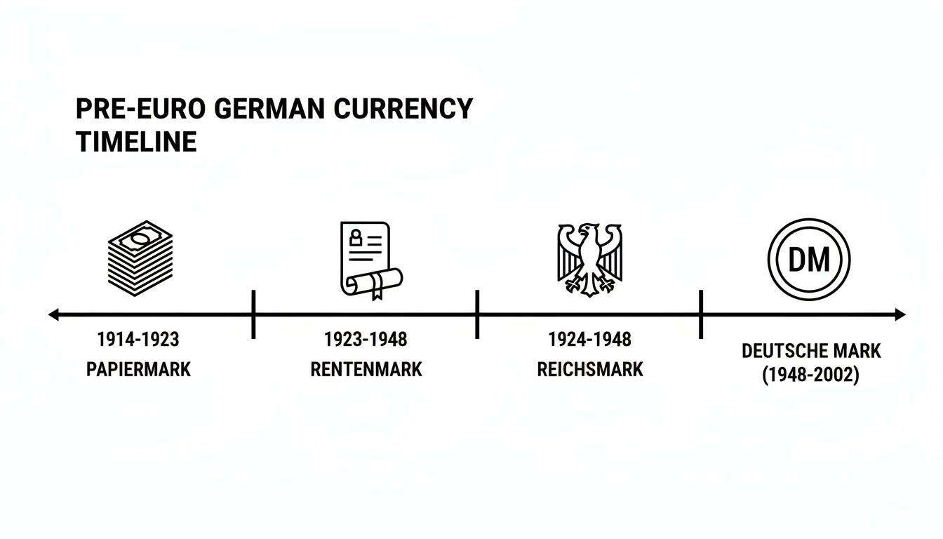 Timeline illustrating pre-Euro German currencies: Papiermark, Rentenmark, Reichsmark, and Deutsche Mark with their historical periods.