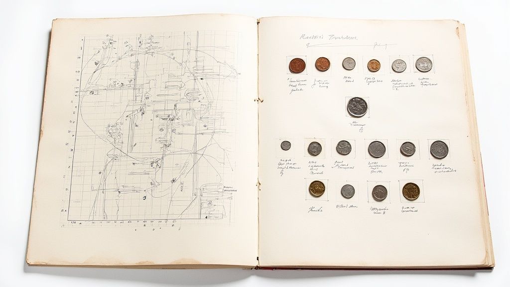 A person organizing their coin collection in an album