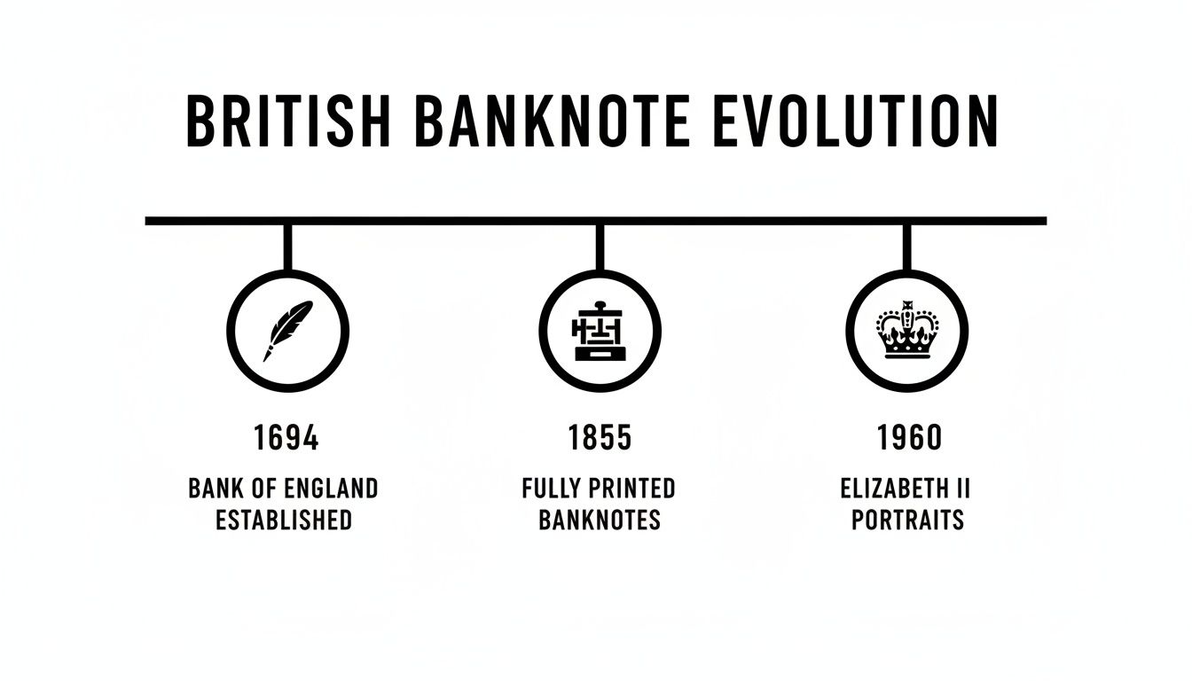 A timeline illustrating the evolution of British banknotes, showing key historical milestones and developments.