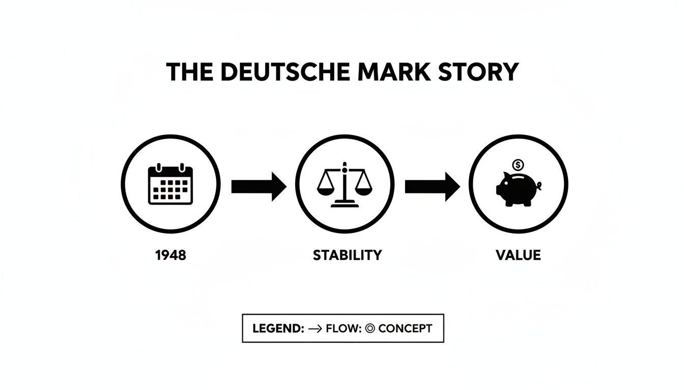 Flowchart showing the Deutsche Mark's journey from 1948 to achieving stability and value.