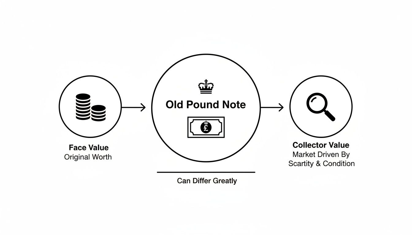 Diagram comparing face and collector values for an old pound note, highlighting market factors like scarcity.