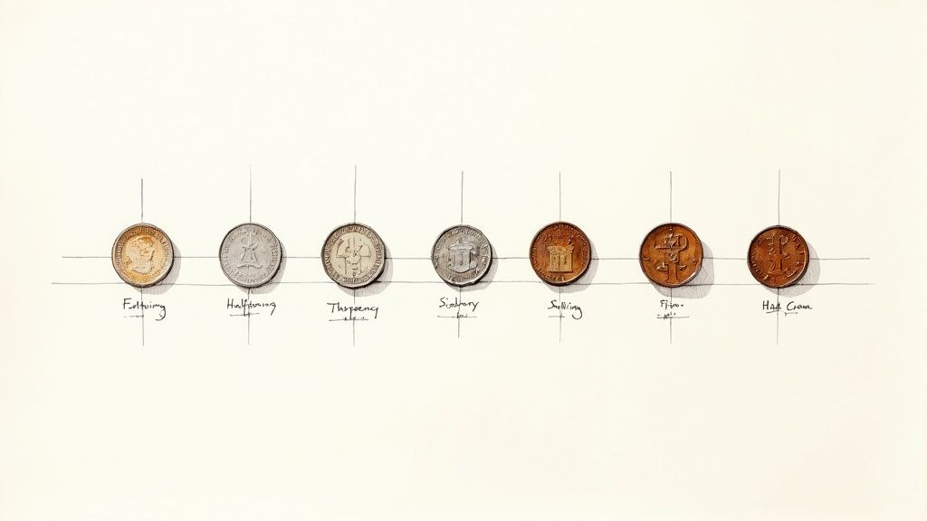 A collection of old UK pre-decimal coins laid out on a table