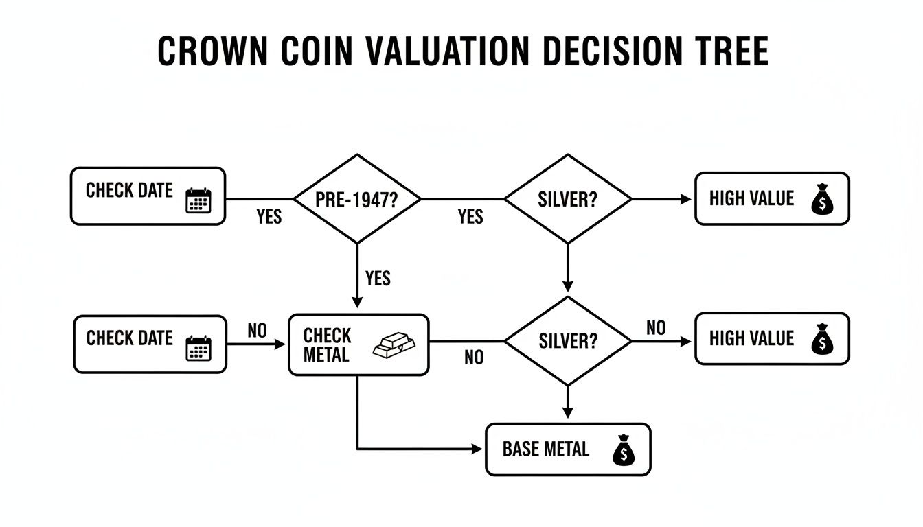 A decision tree flowchart for Crown Coin valuation, checking date, age, and metal type to determine value.