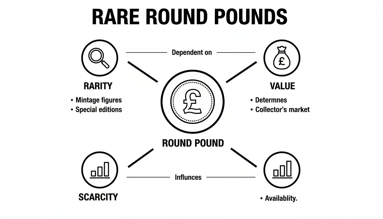 Diagram illustrating factors influencing rare round pounds, including rarity, value, scarcity, and availability.