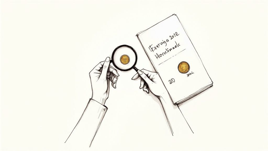 Illustration of hands examining a gold coin with a magnifying glass next to a document with another coin.
