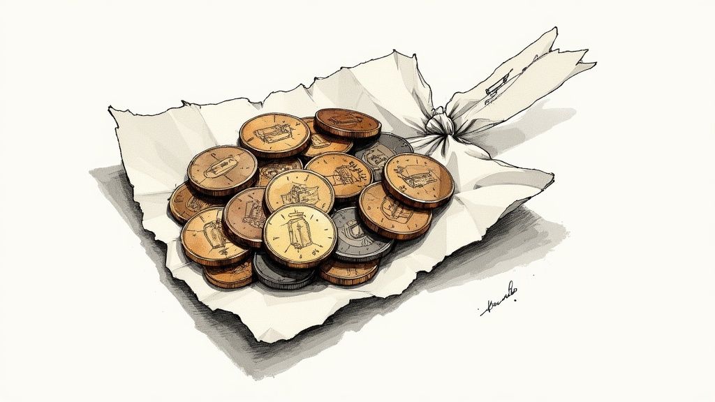 A hand holding up a variety of old and foreign coins against a blurred background.