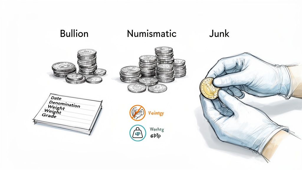 Illustration showing three categories of coins: bullion, numismatic, and junk, with descriptive notes and handling.