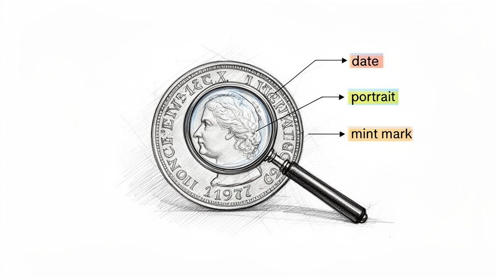 A detailed illustration of a coin under a magnifying glass, highlighting its date, portrait, and mint mark.