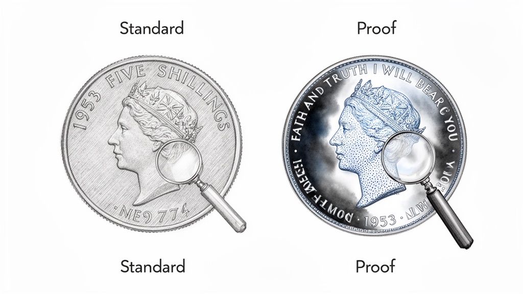Two 1953 Five Shillings coins, standard and proof versions, with magnifying glasses highlighting details.