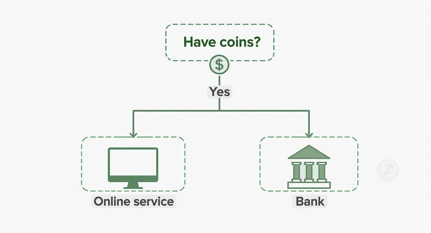 A flowchart showing options for coins: if you have them, use an online service or a bank.
