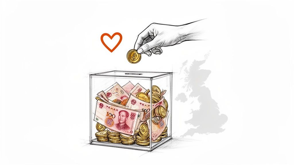 A hand drops a coin into a transparent box filled with Chinese Yuan banknotes and coins, next to a heart and UK map.