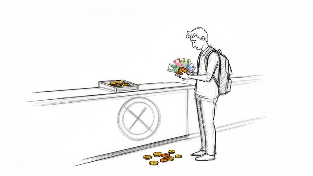 A person with a backpack holds colorful banknotes and a coin, looking at money on a counter and floor.