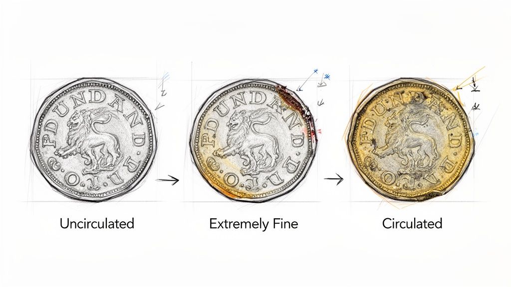 Progression of an old pound coin from pristine 'uncirculated' to heavily worn 'circulated' condition.