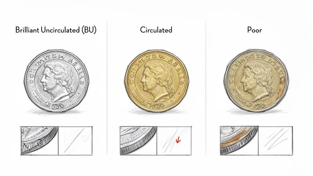 Three coins depicted in different grades: Brilliant Uncirculated, Circulated, and Poor, illustrating wear.
