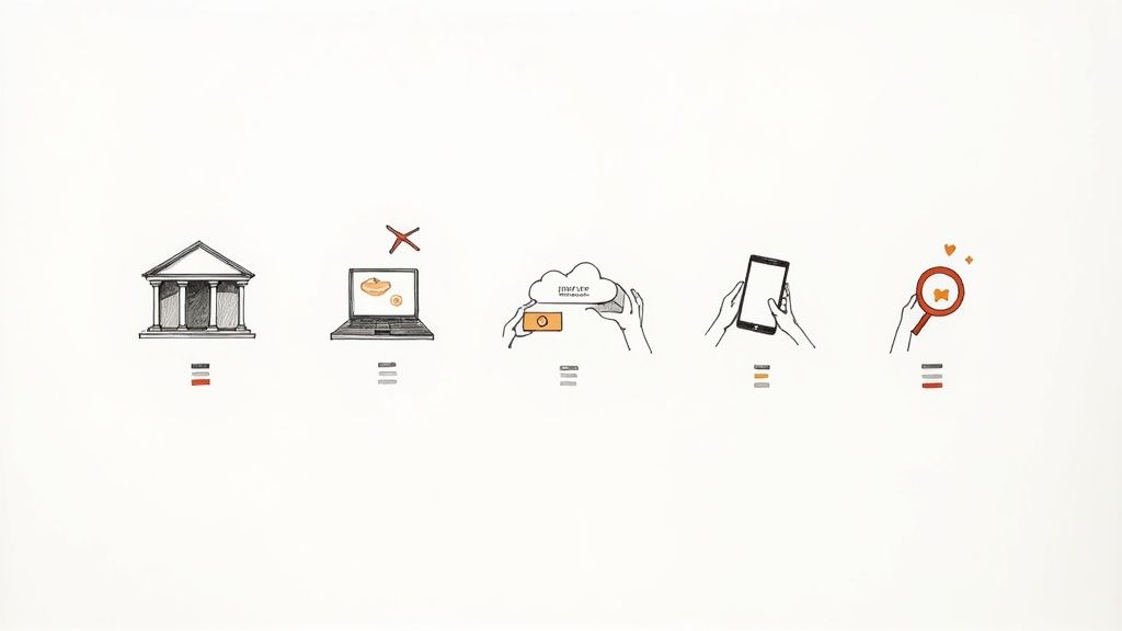 Five icons showing currency exchange process from traditional bank to digital mobile payment methods
