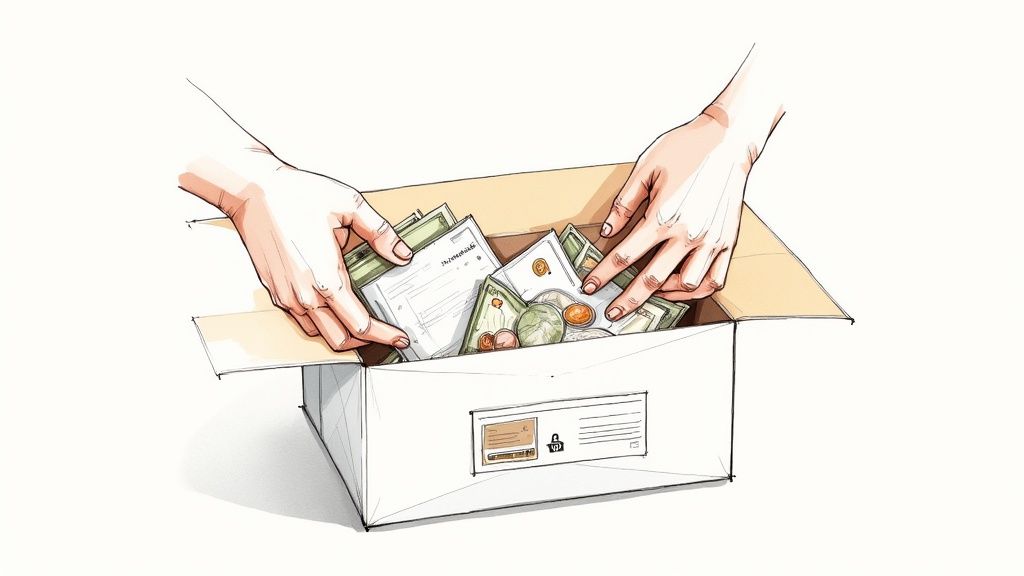 A securely taped cardboard box filled with various foreign coins and notes.