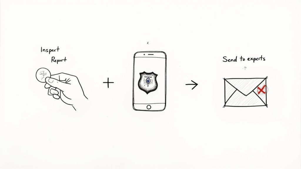 Diagram showing a hand inspecting a coin, reporting via a smartphone app, and not sending to experts.