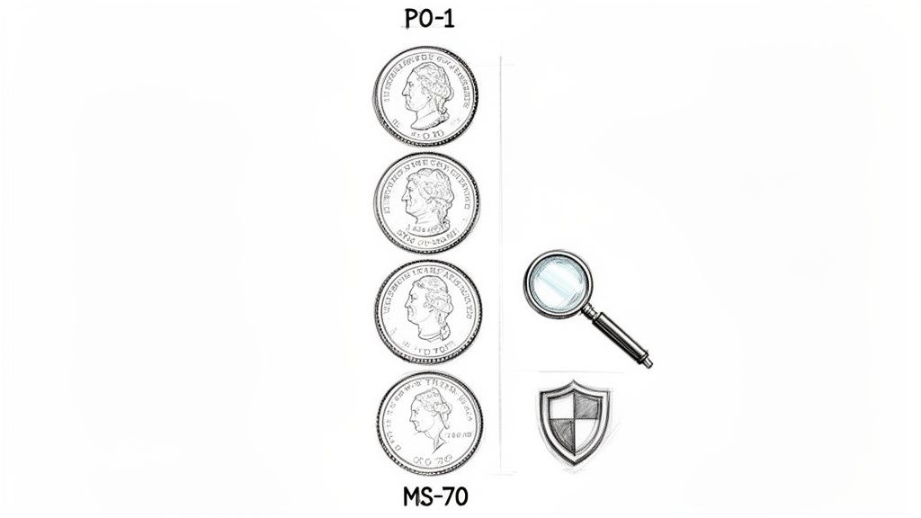 Illustration showing four coins graded from PO-1 to MS-70, with a magnifying glass and shield.