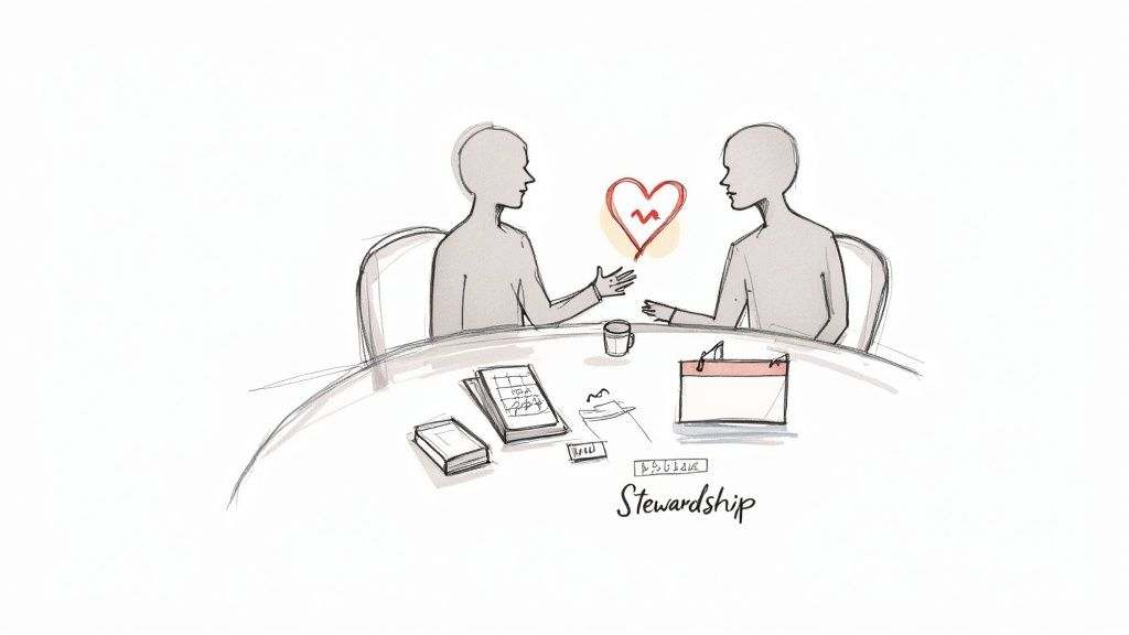 Two people at a table discussing stewardship, with a heart symbol signifying care and connection.
