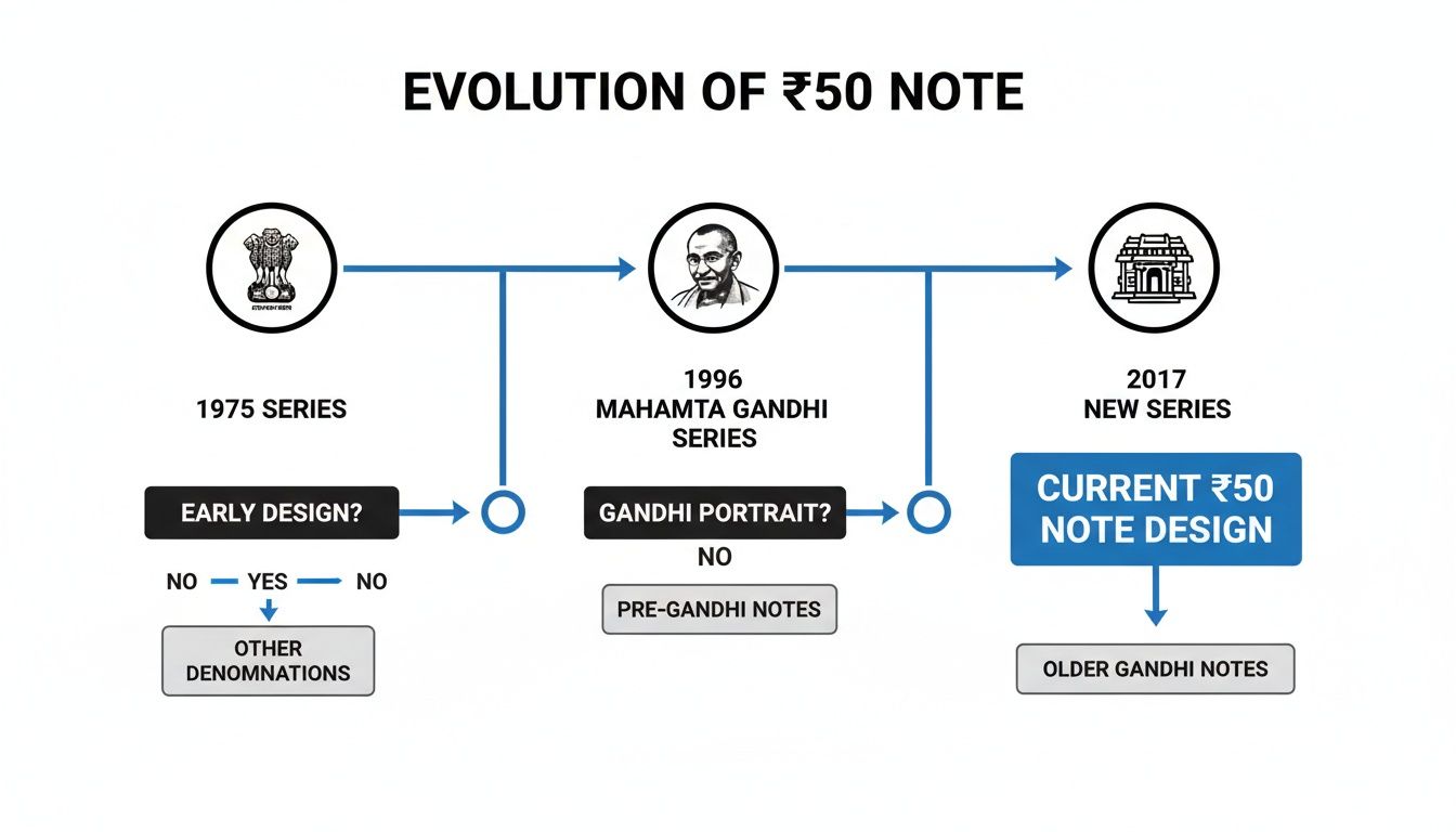 A diagram detailing the historical evolution of India's 50 Rupee banknote designs from 1975 to 2017.