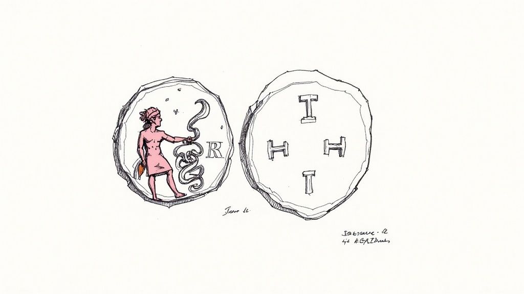 A Roman coin's reverse side depicting Salus feeding a serpent, a common symbol of health and imperial concern for public welfare.