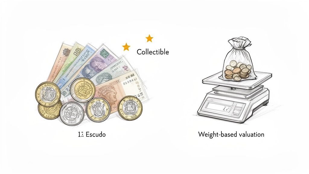 Illustration showing collectible escudo banknotes and coins, contrasting with weight-based valuation of coins on a scale.
