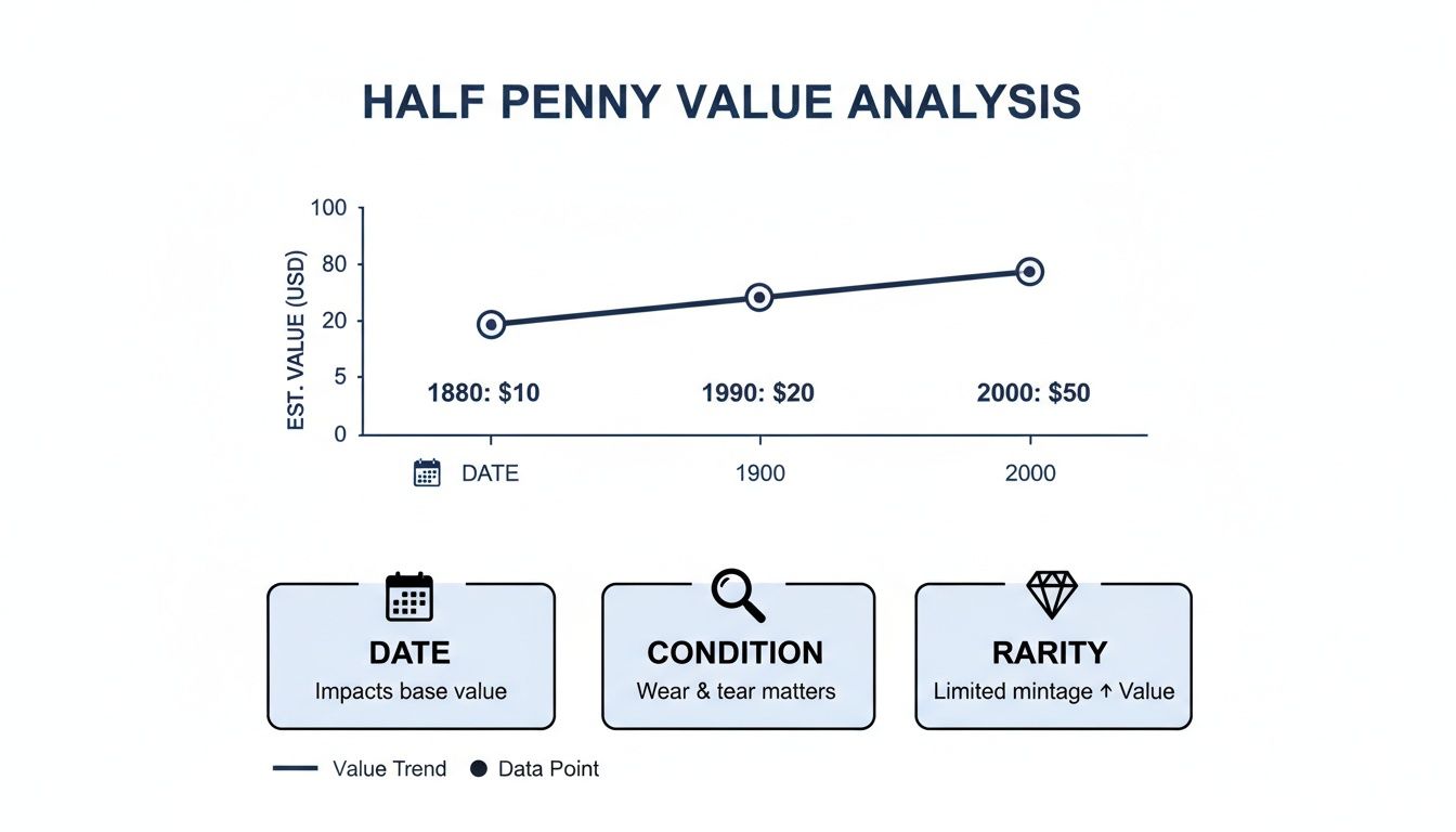 Half penny value analysis graph showing increasing estimated value over decades, influenced by date, condition, and rarity.