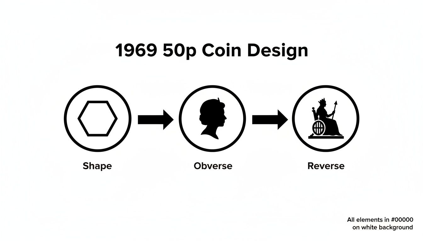 A diagram illustrating the 1969 50p coin design process, showing shape, obverse, and reverse.