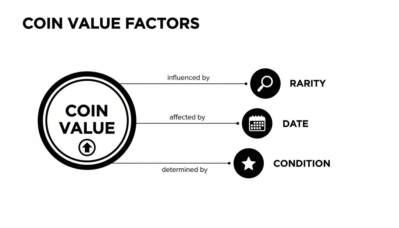 Diagram illustrating the key factors influencing a coin's value: rarity, date, and condition.