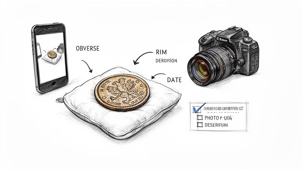 Detailed illustration of photographing an old coin on a pillow with a smartphone and DSLR camera.