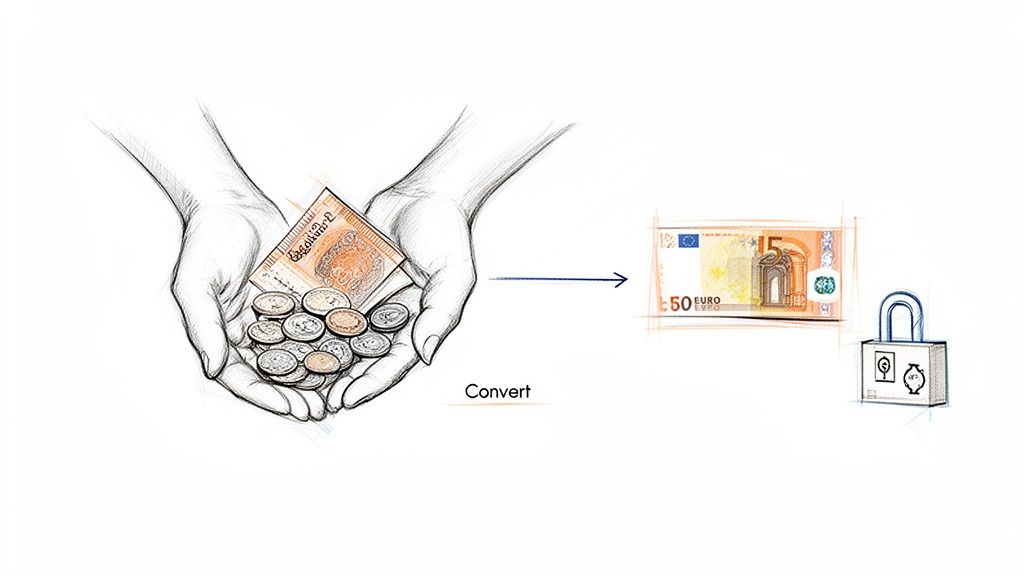 Illustration showing hands holding old coins and a banknote, converting to a 50 Euro note and a padlock.