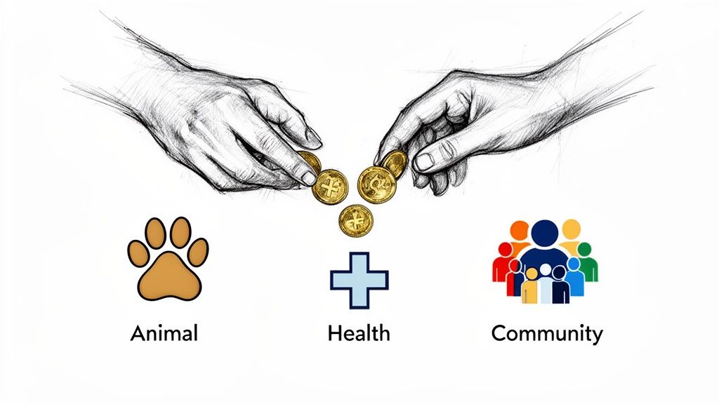 Two sketched hands exchanging gold coins above icons for animal welfare, health, and community support.