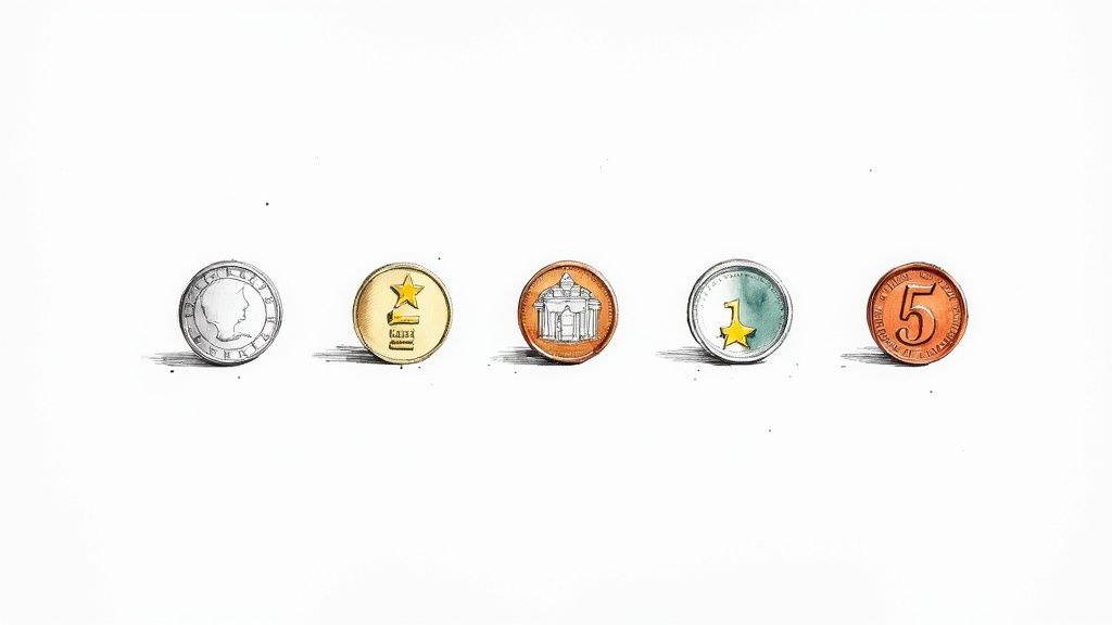 A wide variety of foreign and obsolete coins and banknotes spread out