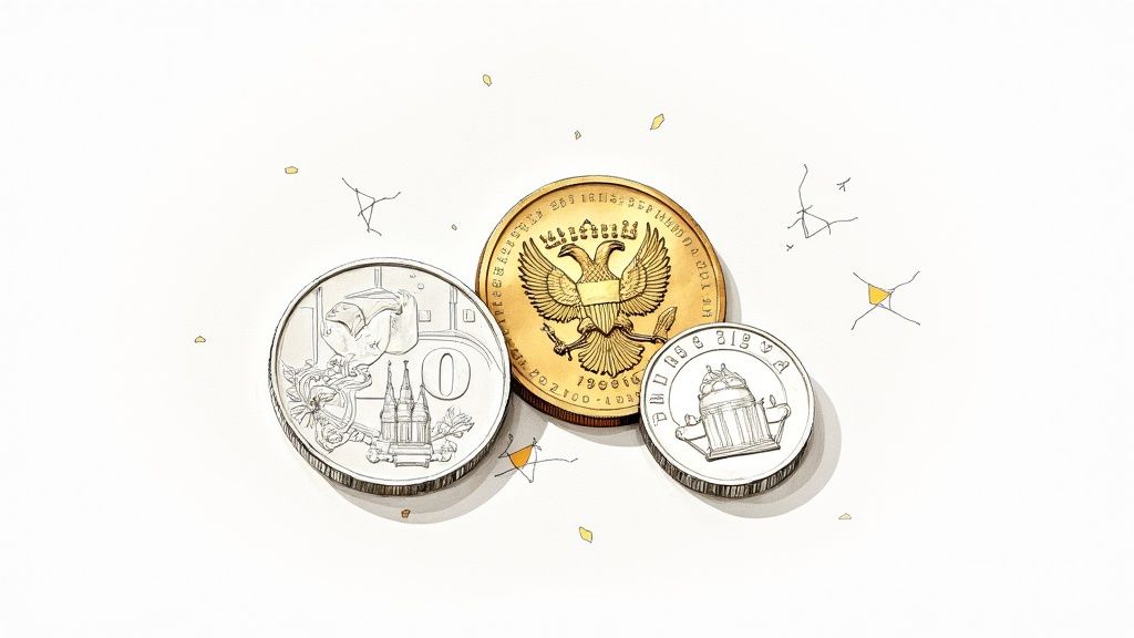 Three coins, including a gold one with a double-headed eagle, on a white background.
