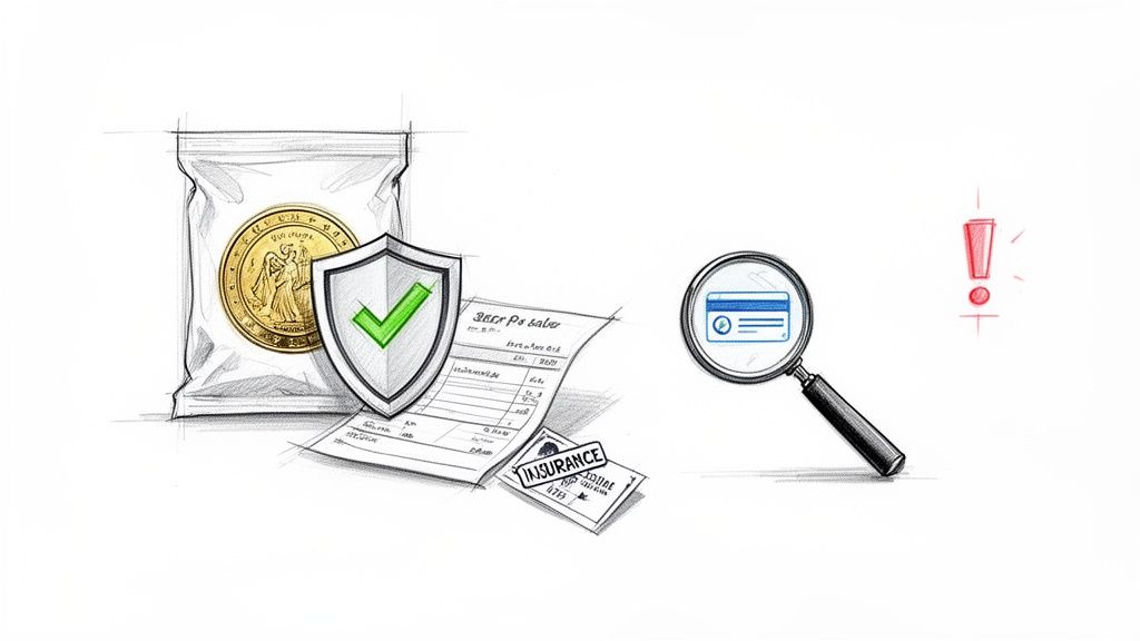 Illustration of old coins, security, receipts, insurance, payment verification, and important transaction warnings.