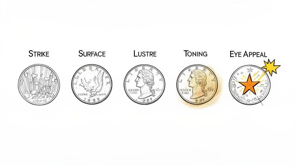 Illustrations showing five key factors for coin grading: strike, surface, lustre, toning, and eye appeal.