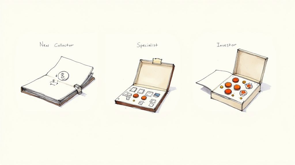 A person's hands carefully placing a coin into a coins collection album page