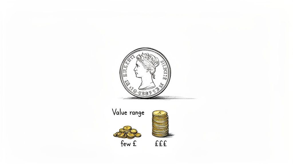 Illustration of a British coin with Queen Elizabeth's profile, and two piles of coins representing 'few £' and '£££' value ranges.