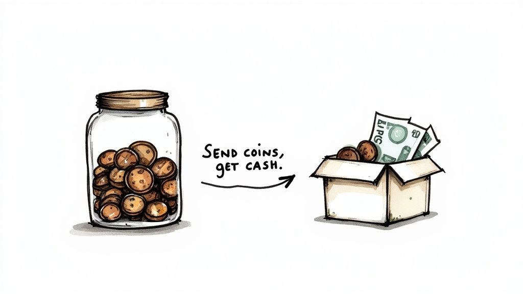 An illustration of a jar of coins transforming into a box with coins and banknotes, symbolizing exchange.