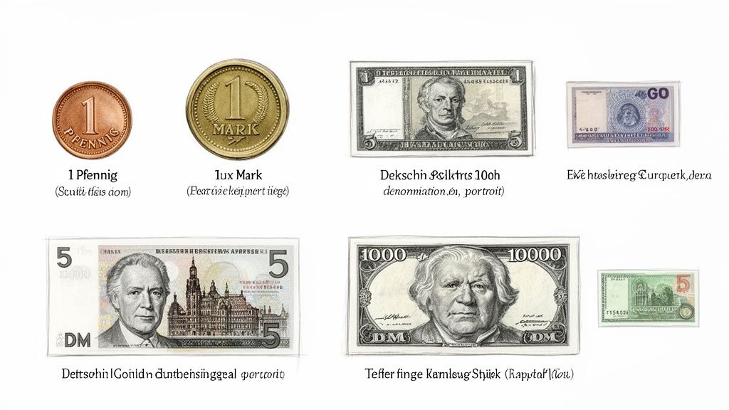 A collection of German currency, including coins and banknotes, with various denominations and historical figures.