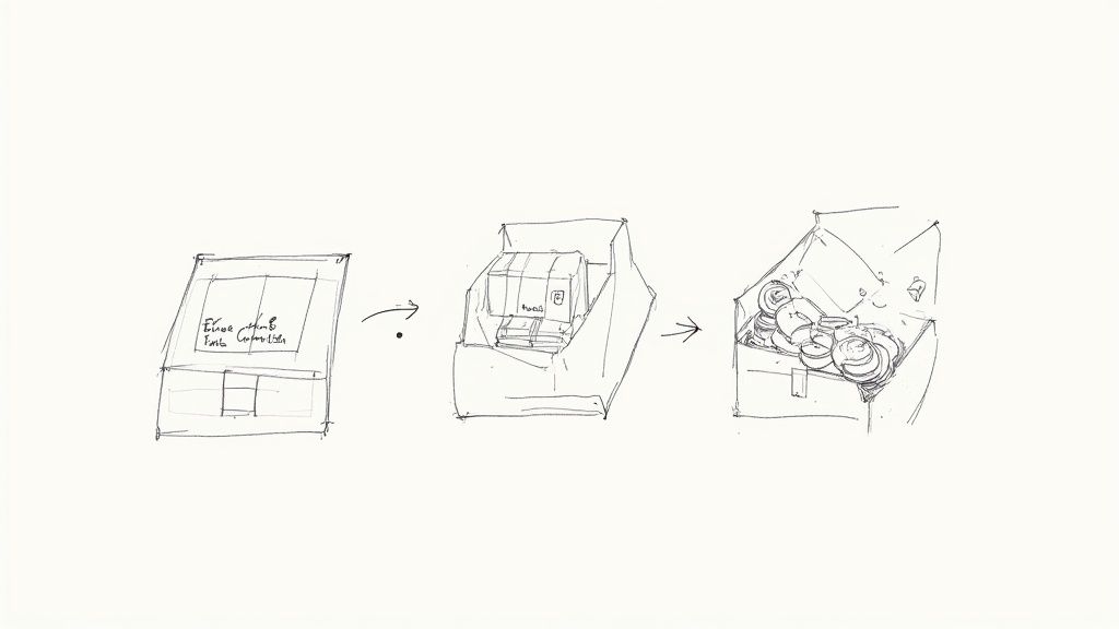 Hand-drawn sketches illustrate the process of packing valuable items, specifically coins, into a storage box.