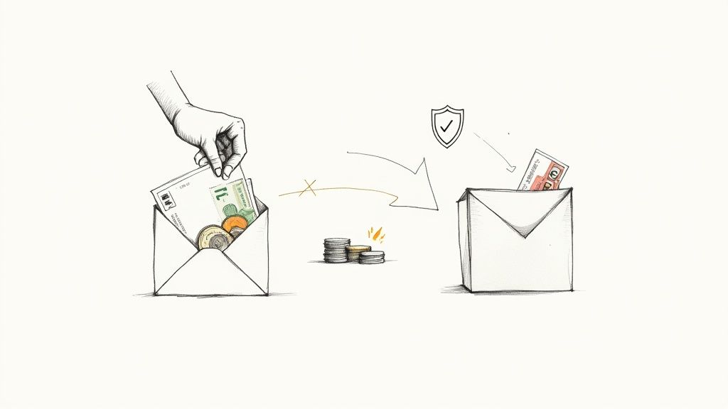 A hand places money into an envelope, depicting currency exchange and secure transfer.
