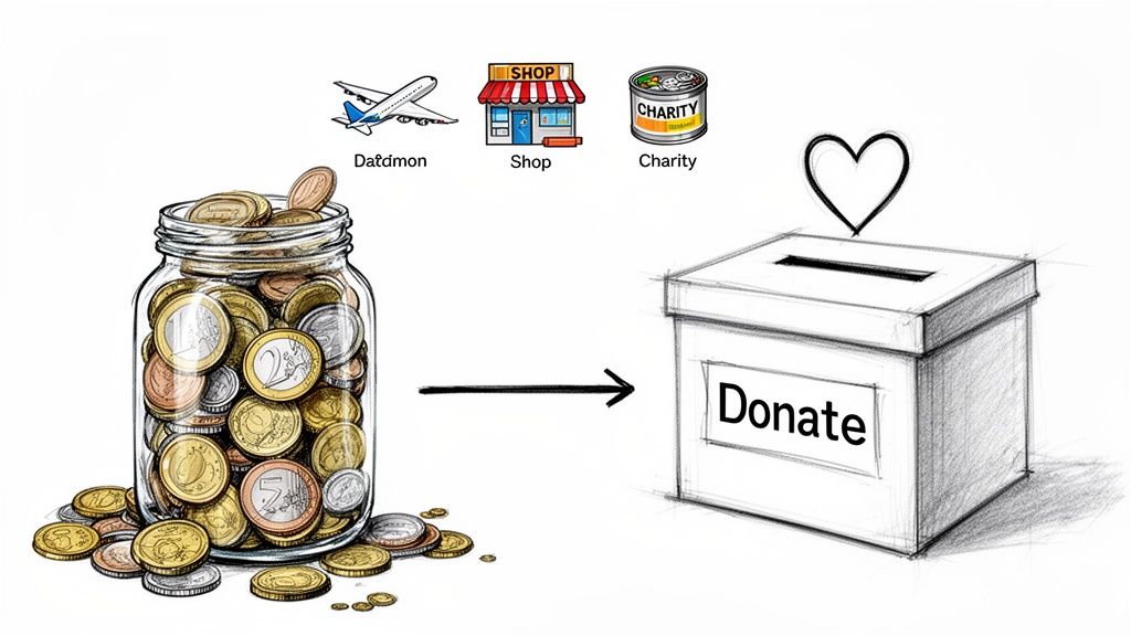 A jar of Euro coins next to a donation box, with icons for travel, shopping, and charity.