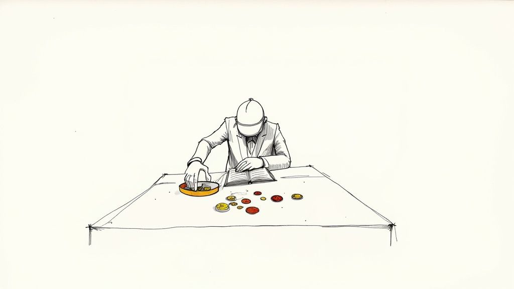 A man in a cap studies various coins spread on a table next to an open book.